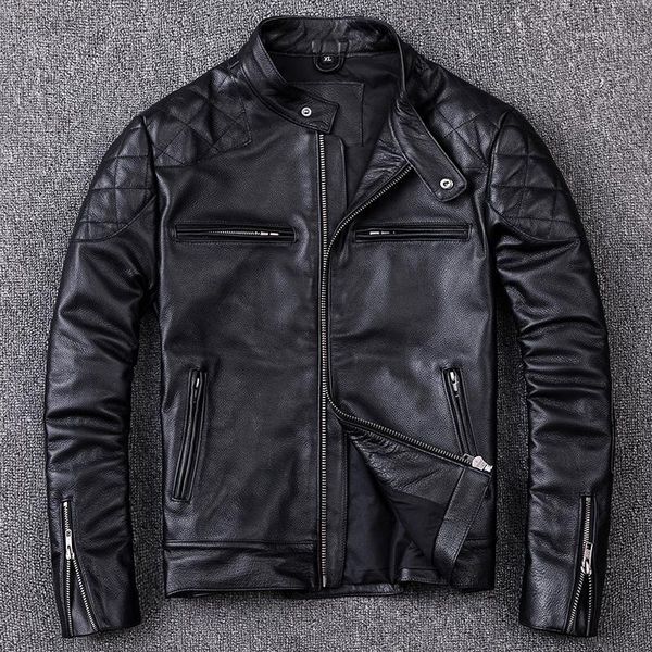 

black men genuine biker's leather jacket plus size xxxl thick cowhide slim fit short motorcycle natural coat men's & faux