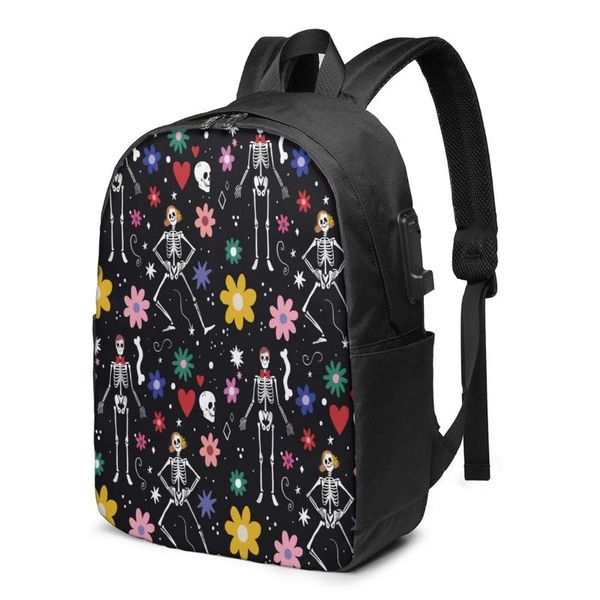 

backpack school laphand drawn day of dead skull 17 inch travel multi usb charger bag