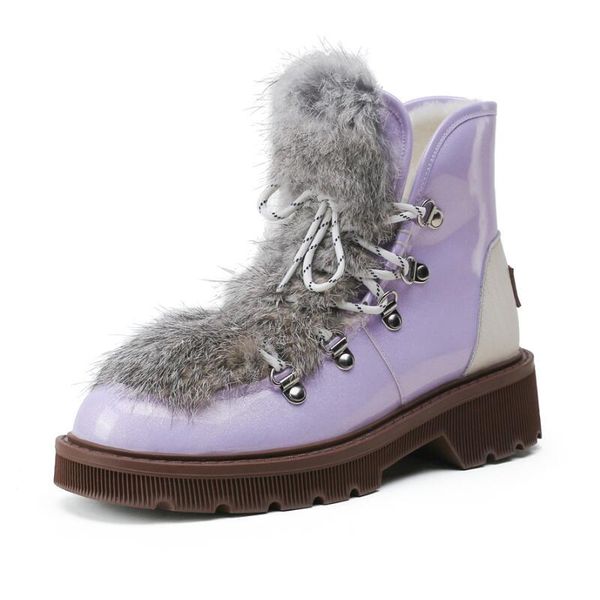 

boots 2021 winter fashion fur non-slip platform flat heel snow plush lace up rivet genuine leather women's shoes plus size, Black