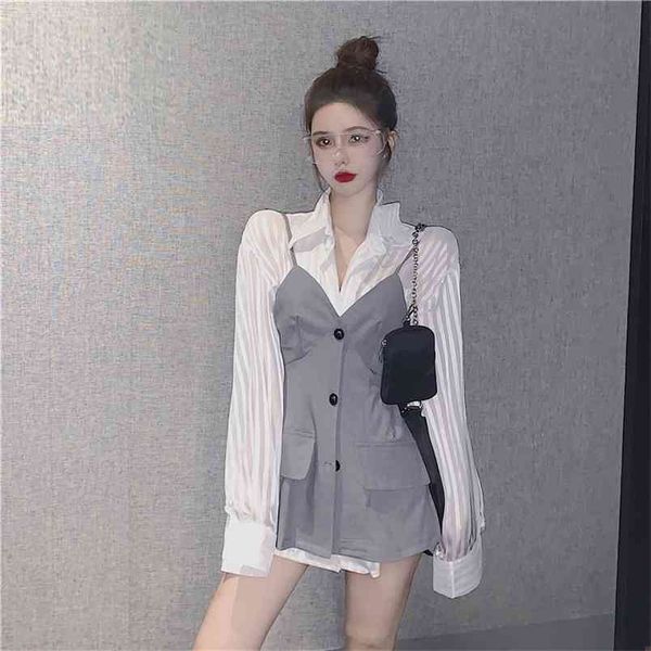 

spring autumn women's shirt korean style striped long sleeve lapel casual slim sling vest loose blouse ll550 210506, White