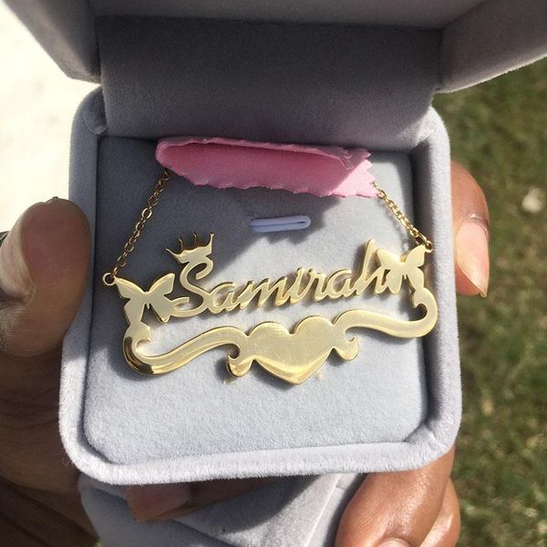 

chains customed butterfly name necklace with ribbon hearts stainless steel crown nameplate choker gifts for friend bijoux, Silver