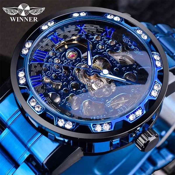 Vencedor Transparente Diamante Mecânico Relógio Azul Aço Inoxidável Skeleton Watch Top Marca Luxo Negócio Luminoso Relógio Masculino 210329