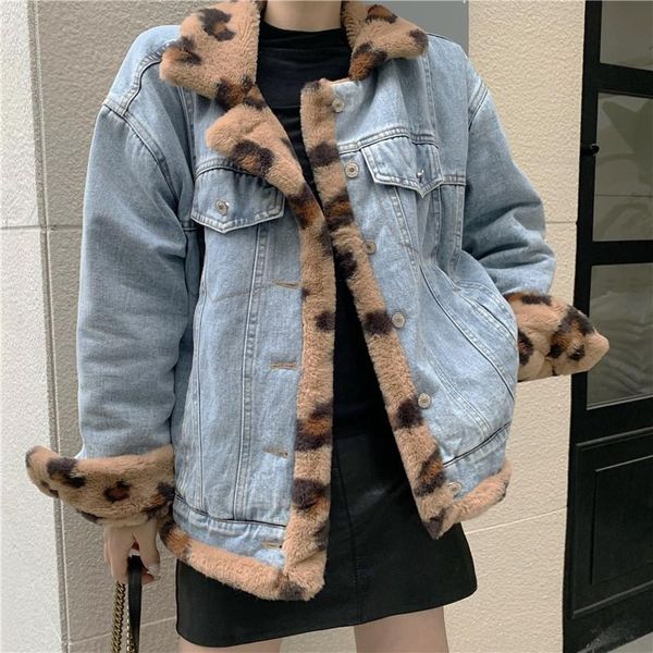 

women's jackets women elegant winter denim 2021 korean fashion warm office leopard overcoat lady coats jacket wear on both sides outwea, Black;brown