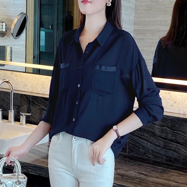 

women's blouses & shirts elegant chiffon women blouse shirt solid loose buttons female summer spring office ladies work plus size, White