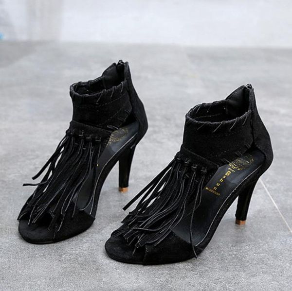 

women plus size 35-44 high heels sandals fringe gladiator thin tassels ladies sandalias summer party shoes woman open toe, Black