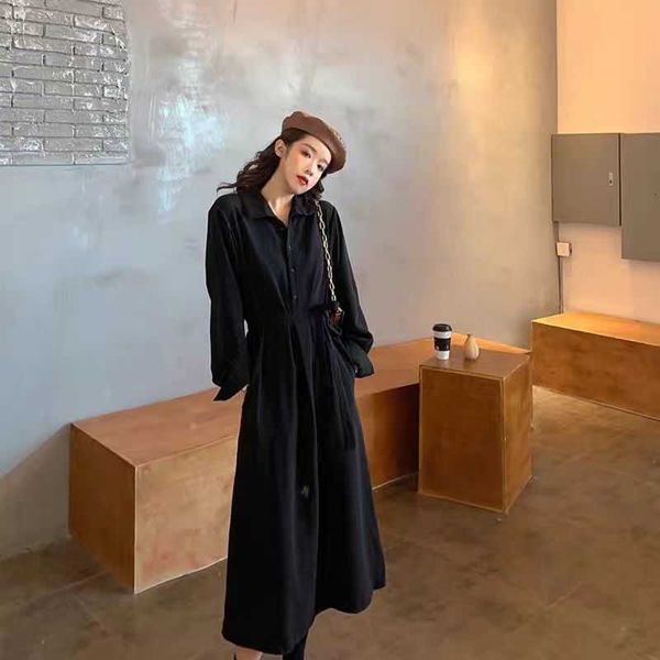 

spring, summer and autumn mid length dr 2021 lace up loose long sleeve large over knee shirt skirt black, Black;gray