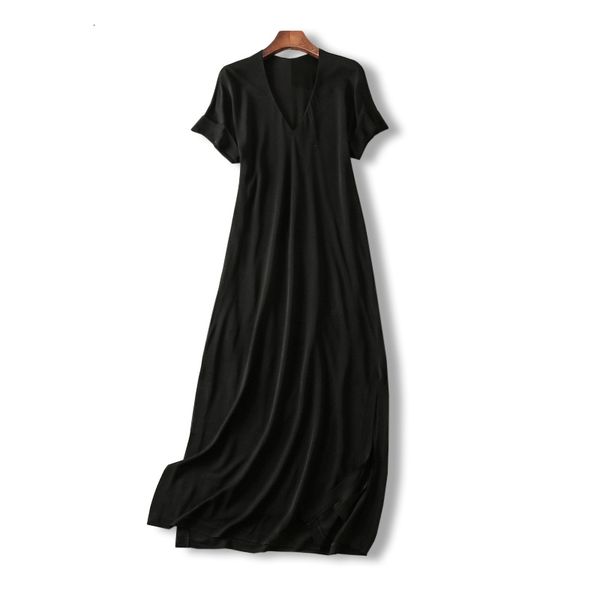 

dress the short-sleeved v-neck thin black long temperament simple and versatile side slit e5iz, Black;gray