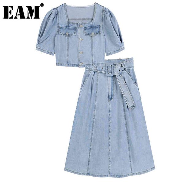 

[eam] half-body skirt denim two pieces suit round neck short puff sleeve blue women fashion spring summer 1dd8726 210512, White