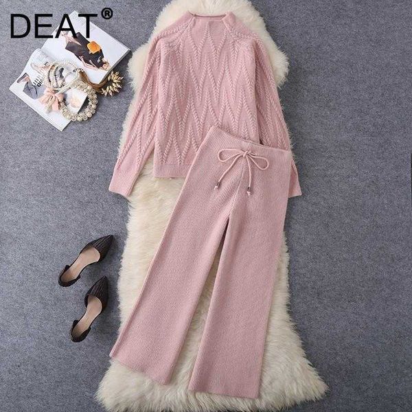 

deat women knitted sweater half high collar long sleeve drawstring casual pants two piece set fashion spring winter 210709, White