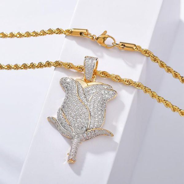 

pendant necklaces two-tone rose flower petals necklace hip hop full cubic zircon bling iced out pendants for men's rapper jewelry gift, Silver