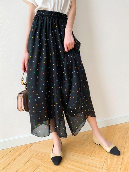 

women's pants & capris 100% silk woman korean fashion womens high waist wide leg pant polka-dot summer 2021 pantalon pour femme pph4983, Black;white