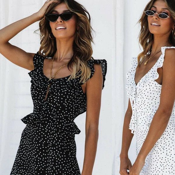 

sleeveless wrap boho women dress polka dot mini summer casual party sundress holiday, Black;gray