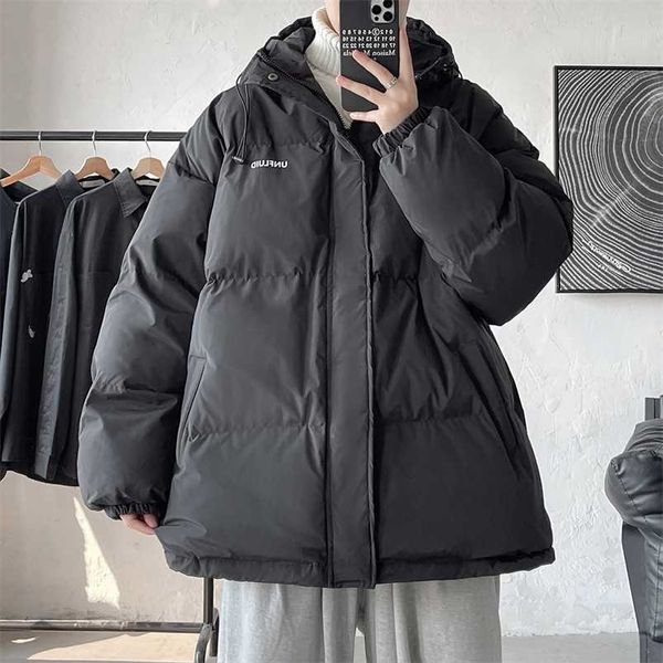 

hybskr 6 colors oversized hooded mens parkas thicken korean style fashion male cotton padded coat harajuku warm couple jacket 211216, Black