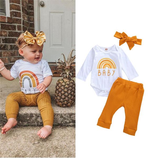 

3piece infants baby girls clothes suit long sleeve rainbow printed romper high waist pants bow headband 0-24 months clothing sets, White