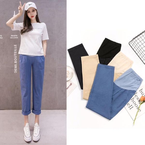 

maternity bottoms 8860# pants spring autumn solid color cotton and linen belly support elastic waist trousers, White