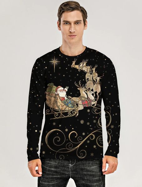 

men's christmas 3d printing t-shirt long sleeve christmas black cat angel wings snowflake gift box color matching streetwear round neck, White;black