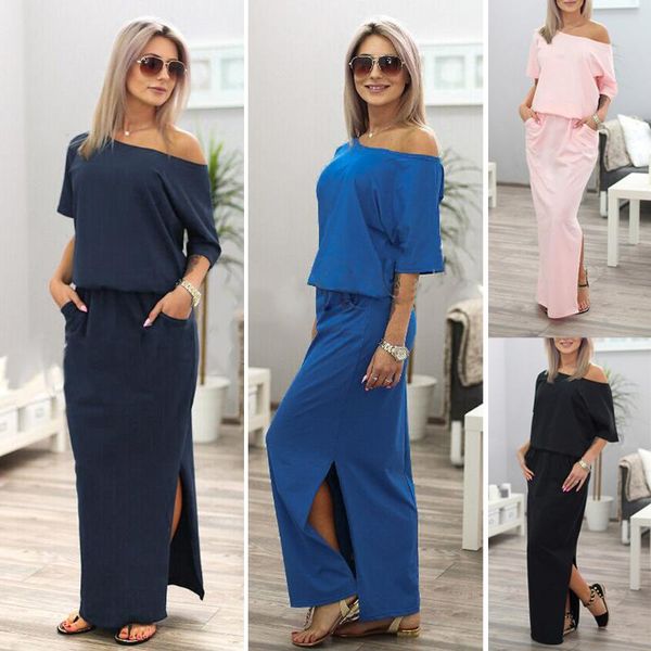 

women's two piece pants women casual side slit loose short sleeve dress evening party long beach dresses, White