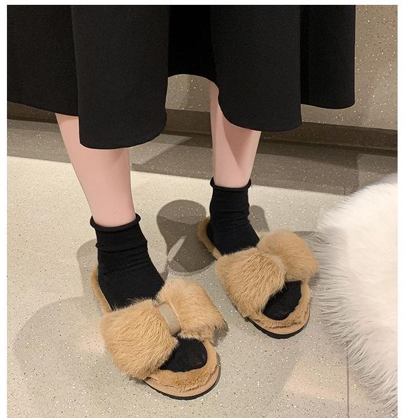 

slippers 2021 women autumn and winter cotton fashion plush bow hairy indoor, Black