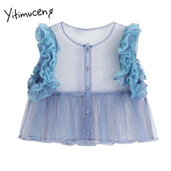 Yitimuceng Muslin Colheita Tops Mulheres Ruffles Botão Up Patchwork Sexy Cami Coreano Moda Tanque Azul Roupas Verão 210601