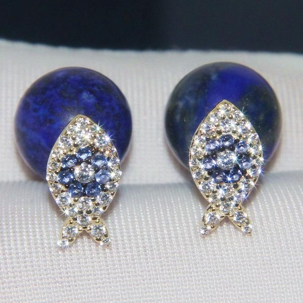

stud s925 sterling silver inlaid crystal diamond turquoise fish earrings female fashion temperament wild monaco jewelry, Golden;silver