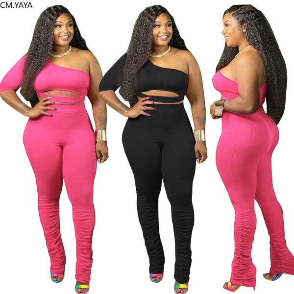 

women plus size xl-4xl one shoulder crop staed flare jogger pants suit two piece set sport trasuit outfitsby air, White