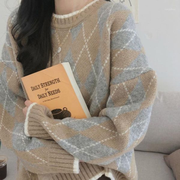

women's sweaters lazy style rhombus pullover sweater women 2021 loose korean students foreign net red thick top, White;black