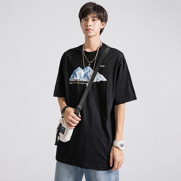 

fashion brand snow mountain short sleeve t-shirt men's simple loose round neck japanese fashion couple summer t-shirt, White;black