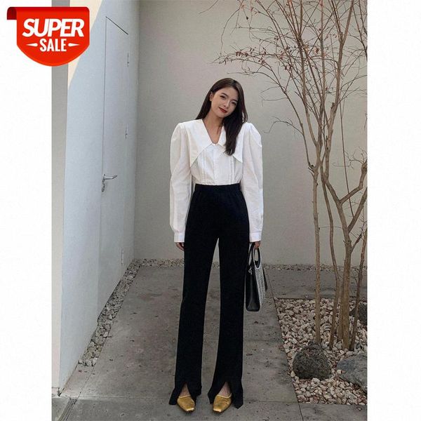 

black split suit trousers, women's waist, thin, drape, straight, casual and velvet flared trousers #dv9a, Black;white