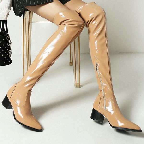 

boots poined toe over the knee side zipper med square heels for women autumn winter party basic shoes woman size 41 42 43, Black