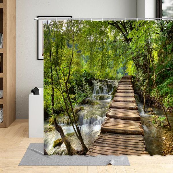 

shower curtains forest curtain green plant landscape plank road waterfall scenery pattern bathroom decor polyester cloth hanging