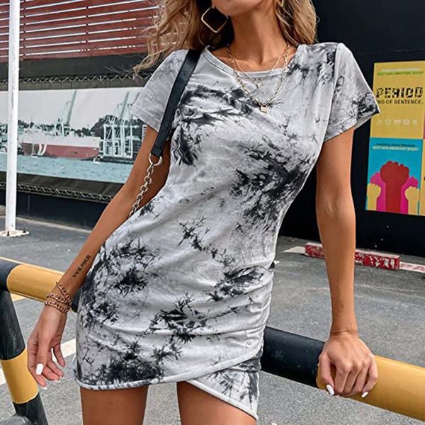 

casual dresses women-clothing summer tie-dye printing short-sleeved dress vestidos verano trafic femme mode chic tenue de burea, Black;gray