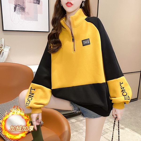 

plush and thickened sweater women's 2021 autumn winter new korean fashion loose st collar color matching jacket, Blue;black