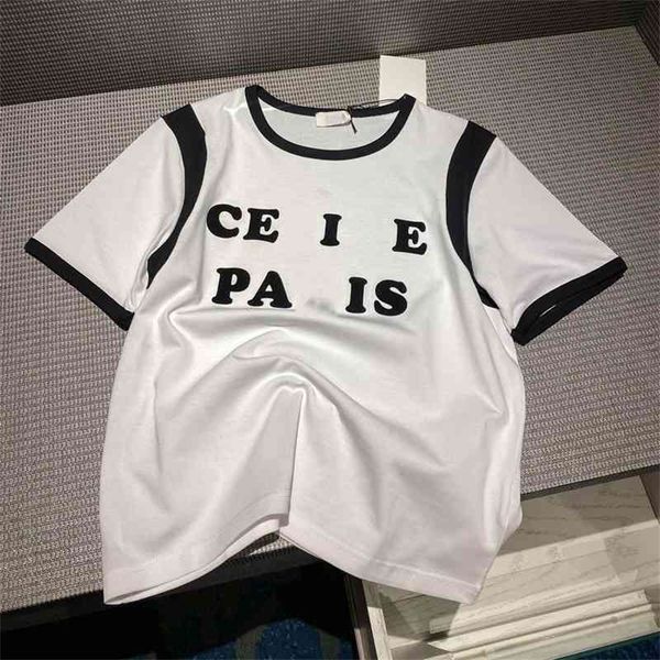 

ce 2022 early spring women's wear new color blocking flocking english letter short sleeve t-shirt round neck loose fashion brand, White