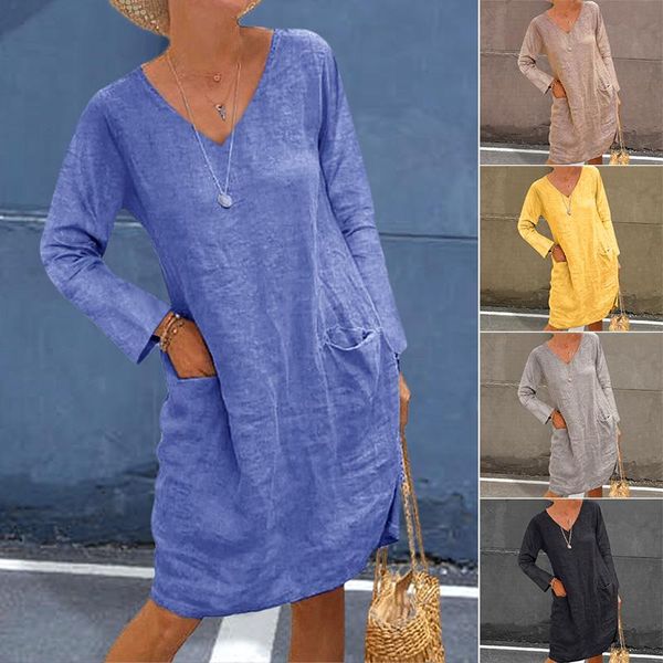 

casual dresses women's fashion loose solid color pocket long sleeve v-neck cotton linen dress, Black;gray