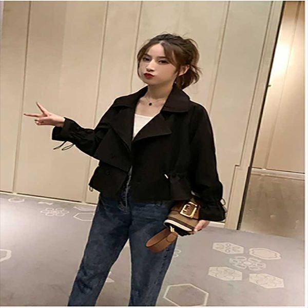 

women's jackets 2021 spring and summer loose waist thin temperament small short solid color windbreaker women, Black;brown