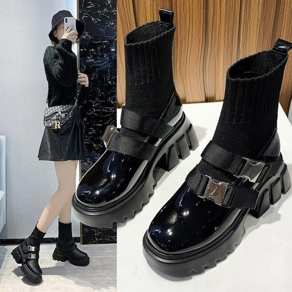 

boots woman 2021 ladies casual stretch socks fashion cross-tied women shoes platform gothic, Black