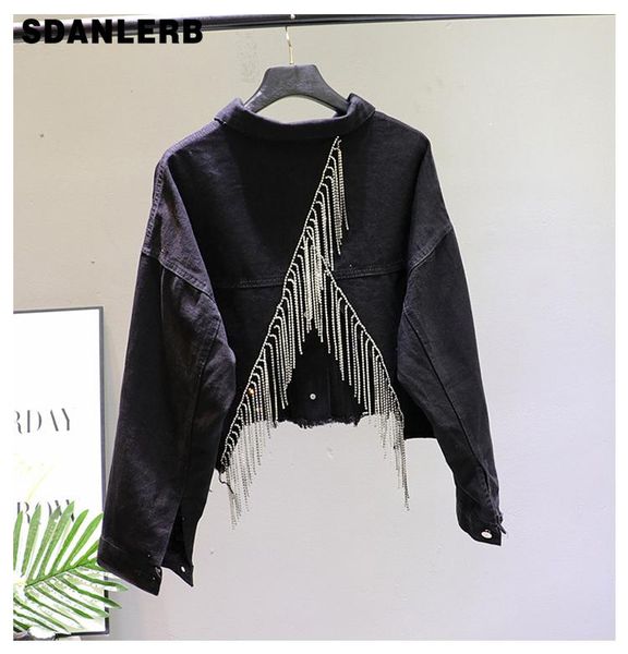 

women's jackets autumn denim jacket ladies hand studded drill diamond tassels back split jeans short coat manteau femme, Black;brown