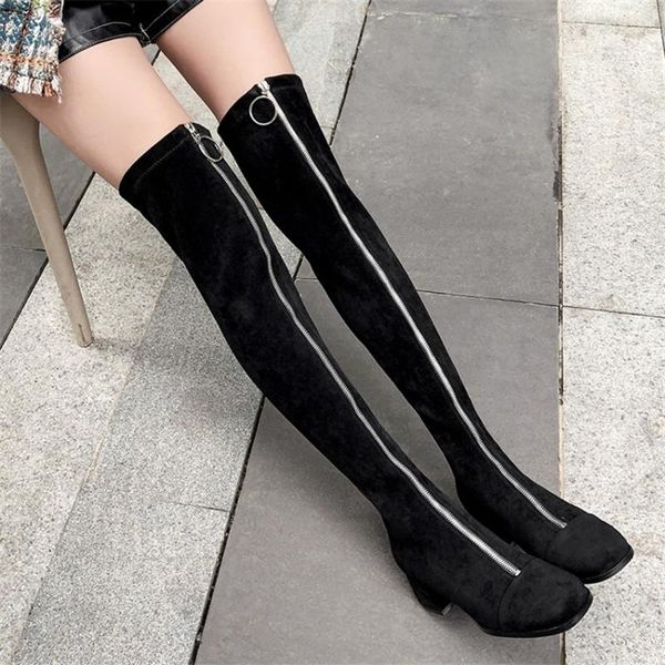 

boots pxelena luxury front zip women thigh high leather suede block med heels over the knee autumn winter shoes ladies 40, Black