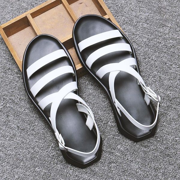 

summer mens sandals leather men shoes flat beach male black white soft comfortable a1151