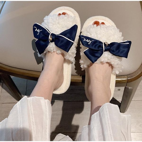 

slippers women's winter plush home warm flat open toe shoes ladies indoor causal slides bowknot furry shoe female house footwear, Black