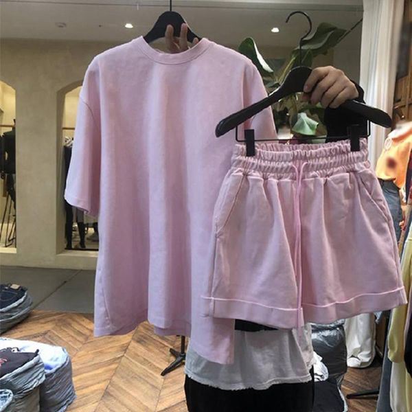 

women's tracksuits fashion korean tracksuit o-neck short sleeve solid tshirt + casual drawstring shorts sports suit female sets, Gray