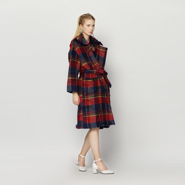 

autumn and winter red blue plaid long pocket double row button woolen coat women's 9242 wool & blends, Black