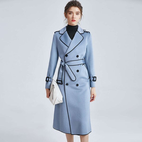 

21ss designer south korea's water ripple cashmere women's autumn and winter double-sided medium long tweed coat, Black