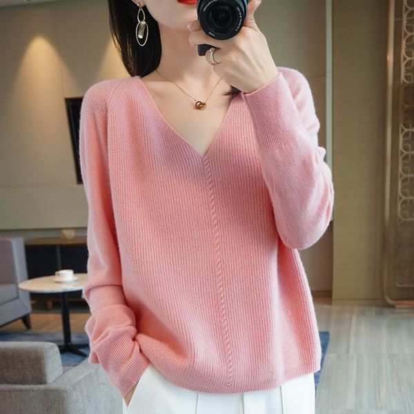 

women's sweaters attyyws autumn and winter cashmere sweater v-neck loose pullover full sleeves pure color knitted 100% wool, White;black