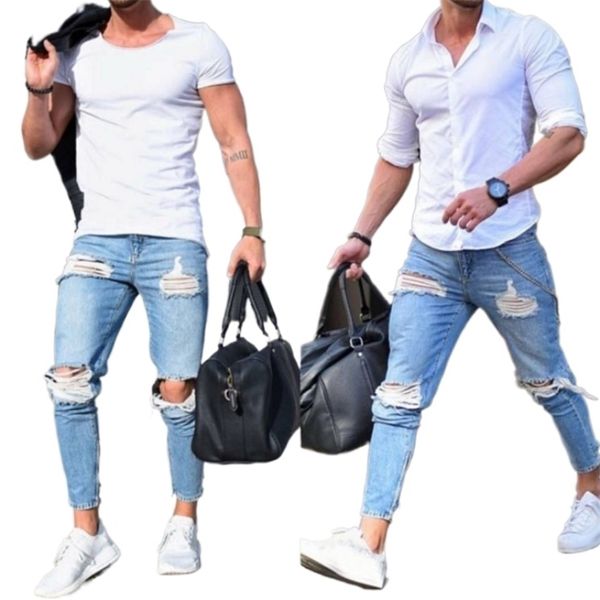 

ripped jeans men fashion destroyed frayed denim pencil pants homme casual knee hole skinny distressed pantalon streetwear 211111, Blue