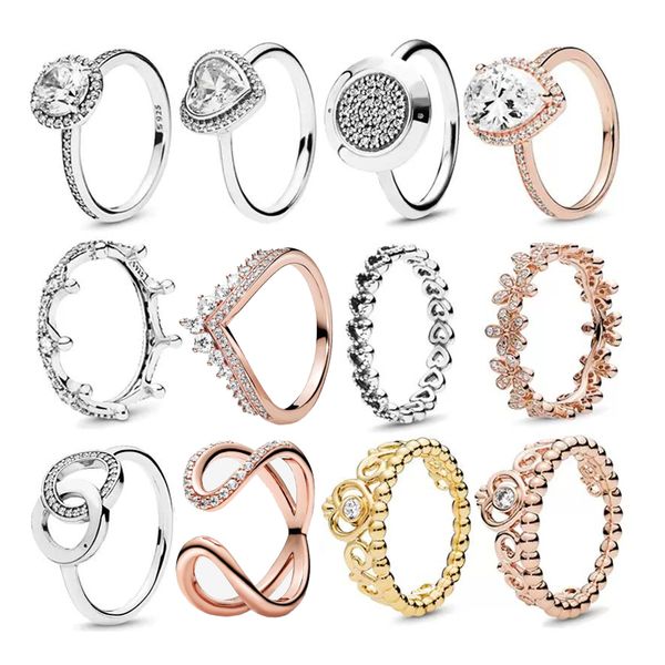 Autentici anelli in argento sterling 925 Princess Tiara Crown Sparkling Love Heart CZ Diamond Ring per le donne Gioielli di fidanzamento Regalo di anniversario