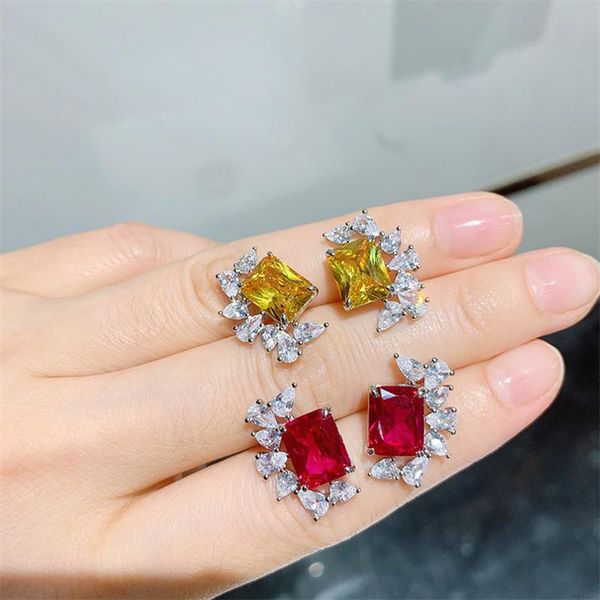 

stud qluxury female crystal red yellow zircon earrings vintage wedding for women 925 silver jewelry, Golden;silver