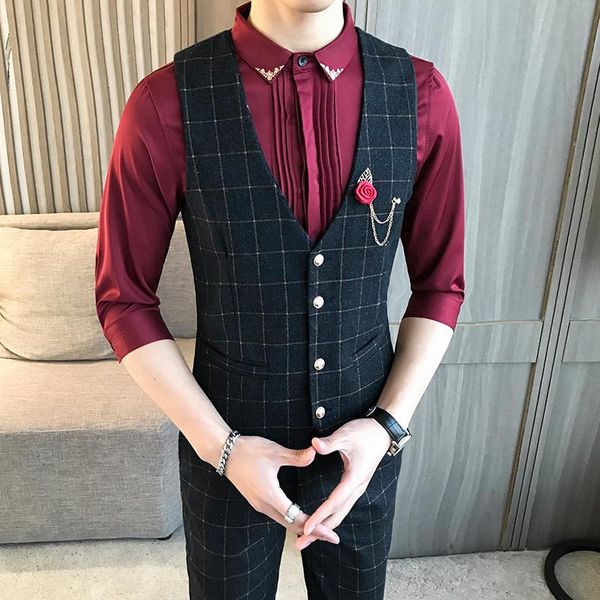 

men's vests 2021 fashion men business wedding dress casual slim fit vest clothing waistcoat suits plaid gilet homme, Black;white