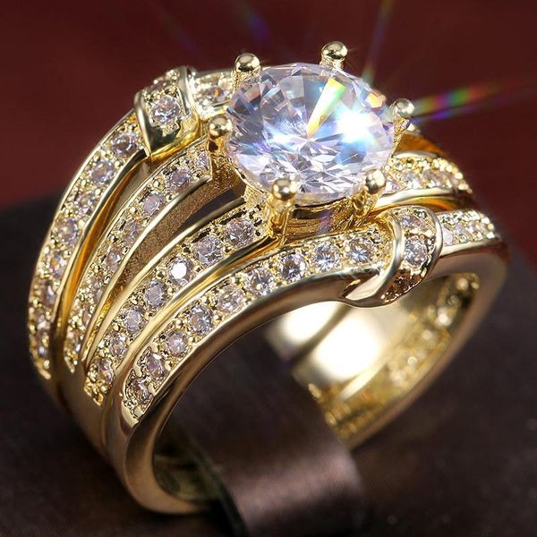 

wedding rings luxury female round crystal stone ring set charm gold color big for women trendy white zircon engagement, Slivery;golden