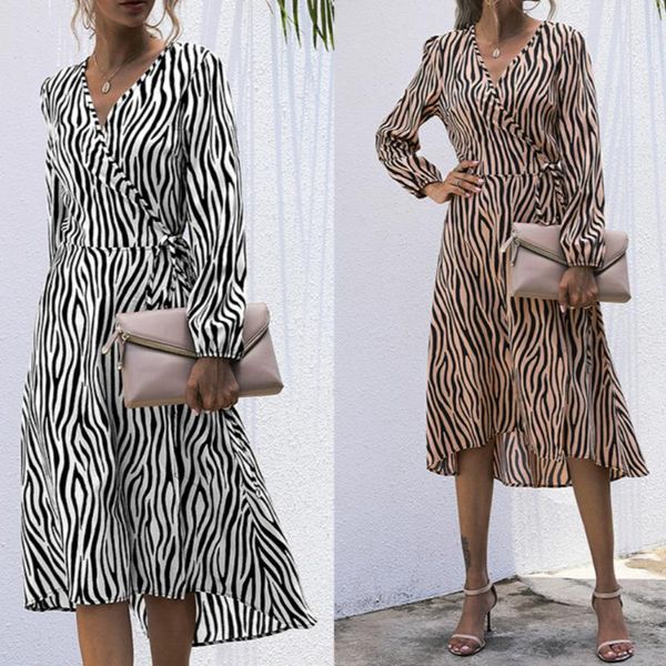 

fashion women striped midi dress long sleeve a-line ladies v-neck high waist for autumn spring elegant dresses casual, Black;gray